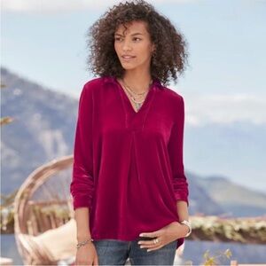 Sundance Silk Blend Velvet Nuance Collared Pullover Shirt Blouse Raspberry Red